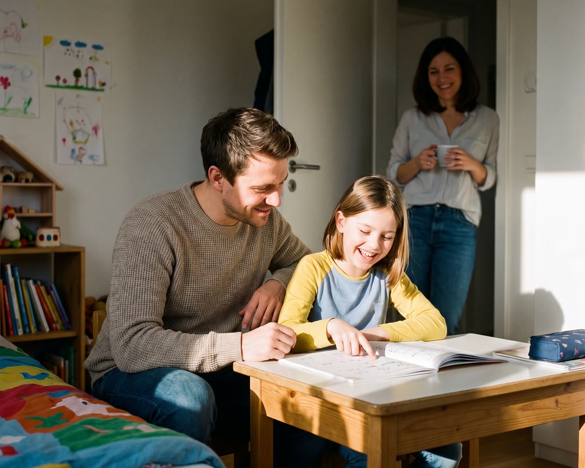 Eine Lehrkraft lernt mit einem Mädchen in ihrem Kinderzimmer, die Mutter schaut lächelnd zu